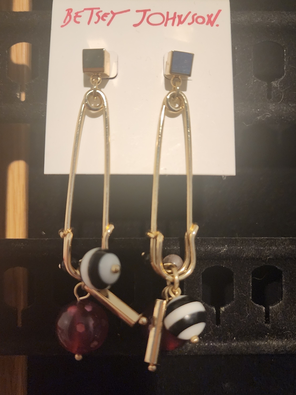 Betsey Johnson Gold-Tone Drop Earrings with Black, White & Burgundy Beads